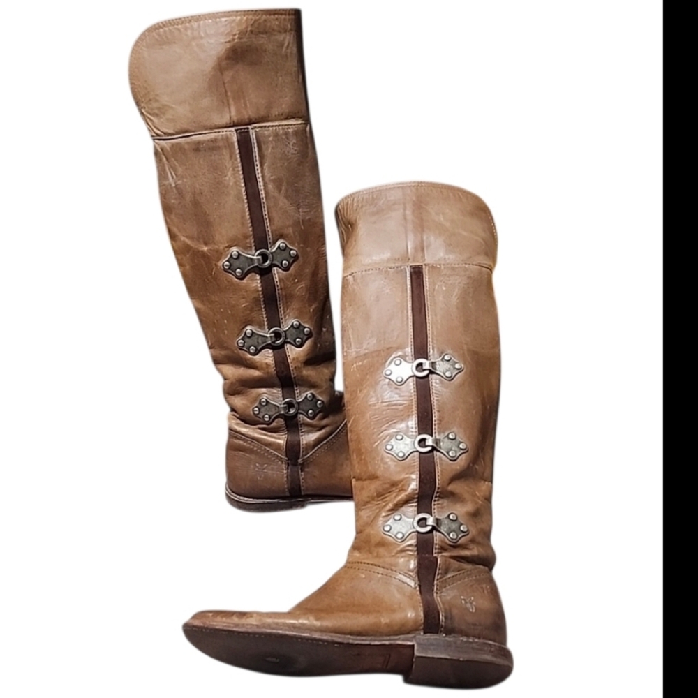 FRYE VINTAGE Chestnut Leather Tall Riding Boots 6.5 Harness Buckle OTK Moto - Picture 16 of 16